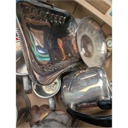 Collection of silver plate including twin-handled tray, cut glass, ceramics and other collectibles, in five boxes