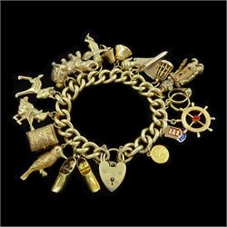 9ct gold curb link bracelet, with heart locket clasp, fourteen 9ct gold charms including t...