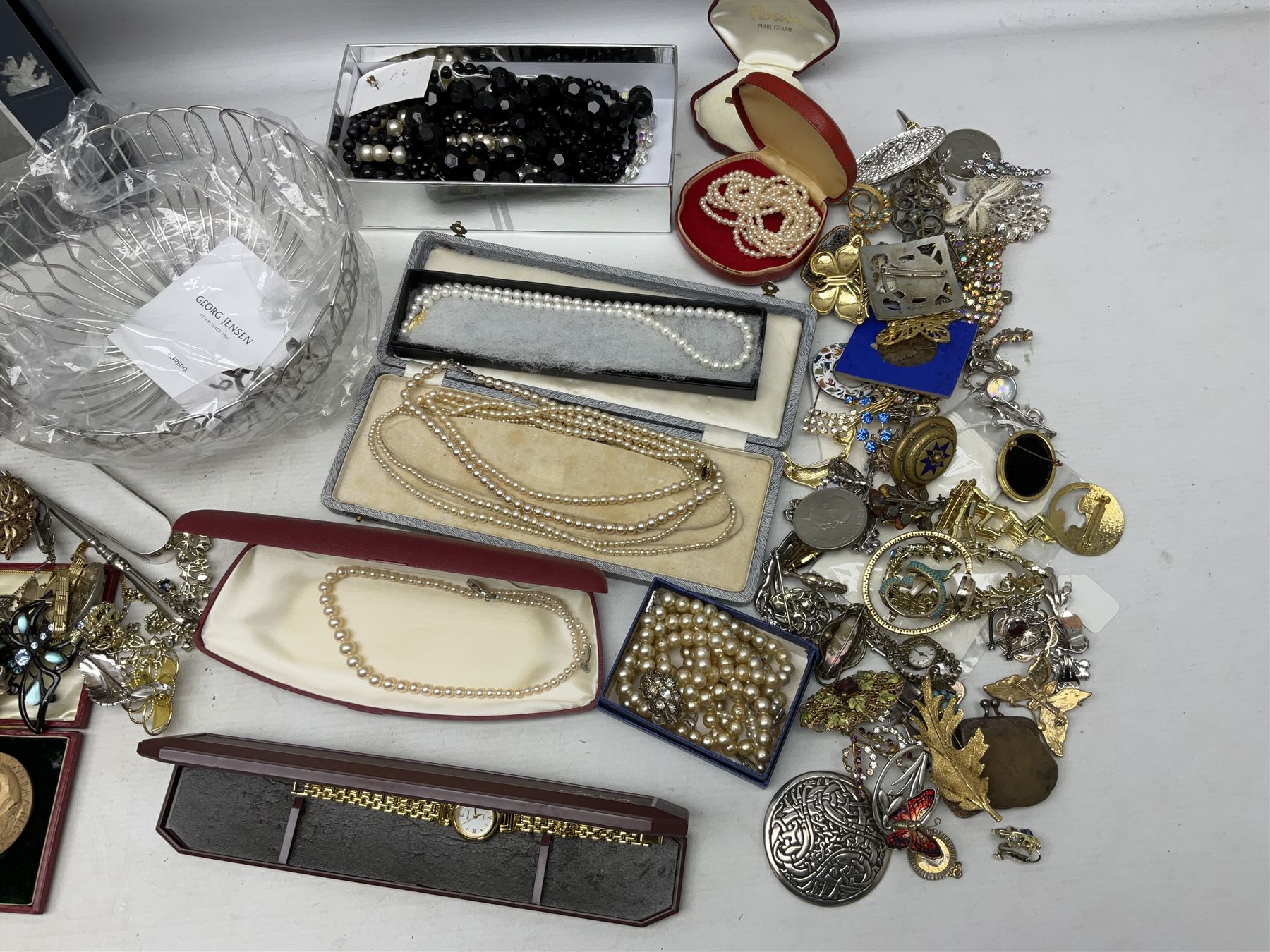 Cased set of two gold plated Sheaffer ballpoint pens, Georg Jensen boxed bowl, and quantity of vintage and later costume jewellery to include hallmarked gold cross pendant, other silver jewellery etc