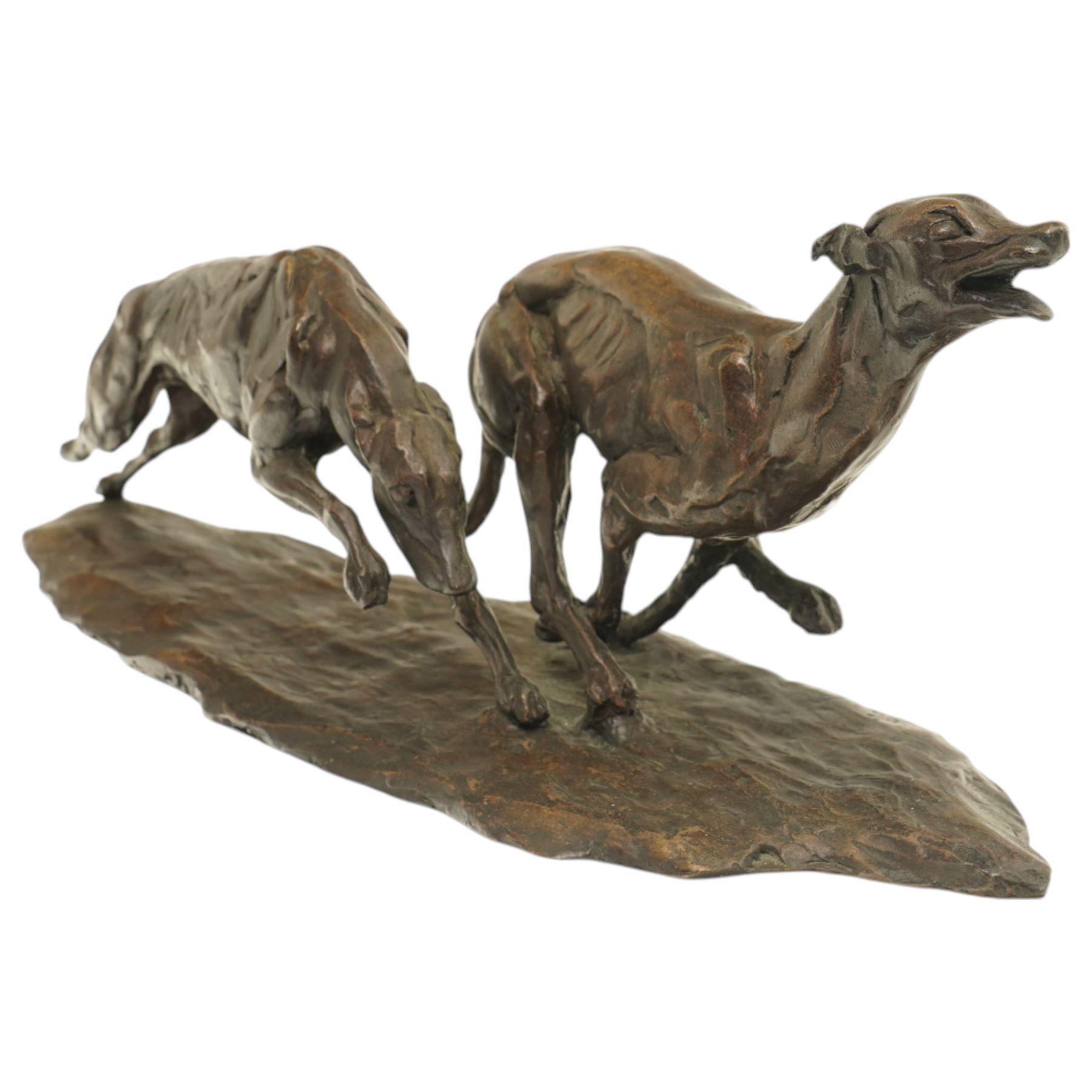 Tessa Pullan (British 1953-): 'Racing Greyhounds', patinated bronze figure, incised with monogram 'TP' and numbered 5/9, with Livingstone Art Founders stamp, W52cm