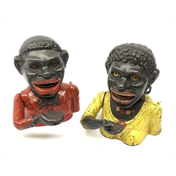 Two 20th century cast iron Jolly money banks, modelled as a male and female figure with mechanical arm, tallest H16cm. 