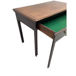 George III mahogany architect's table, adjustable double-hinged moulded rectangular top, the front pulls to reveal drawer with baize lining and separate supports, on square chamfered supports with outer moulded edge