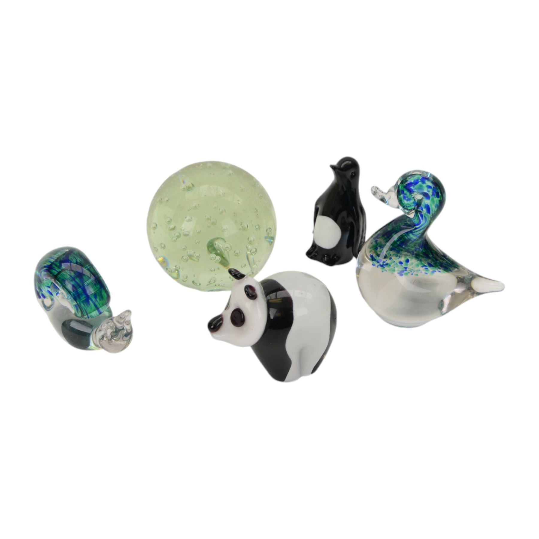 Glass dump with bubble inclusions, together with Wedgwood glass panda and three other glass animals 