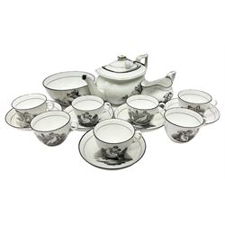 Early 19th century Staffordshire bat printed part tea service, decorated in black after Adam Buck with scenes of mother and child and other varying classical style scenes, within black bands, comprising teapot, slop bowl, jug, seven teacups and five saucers 