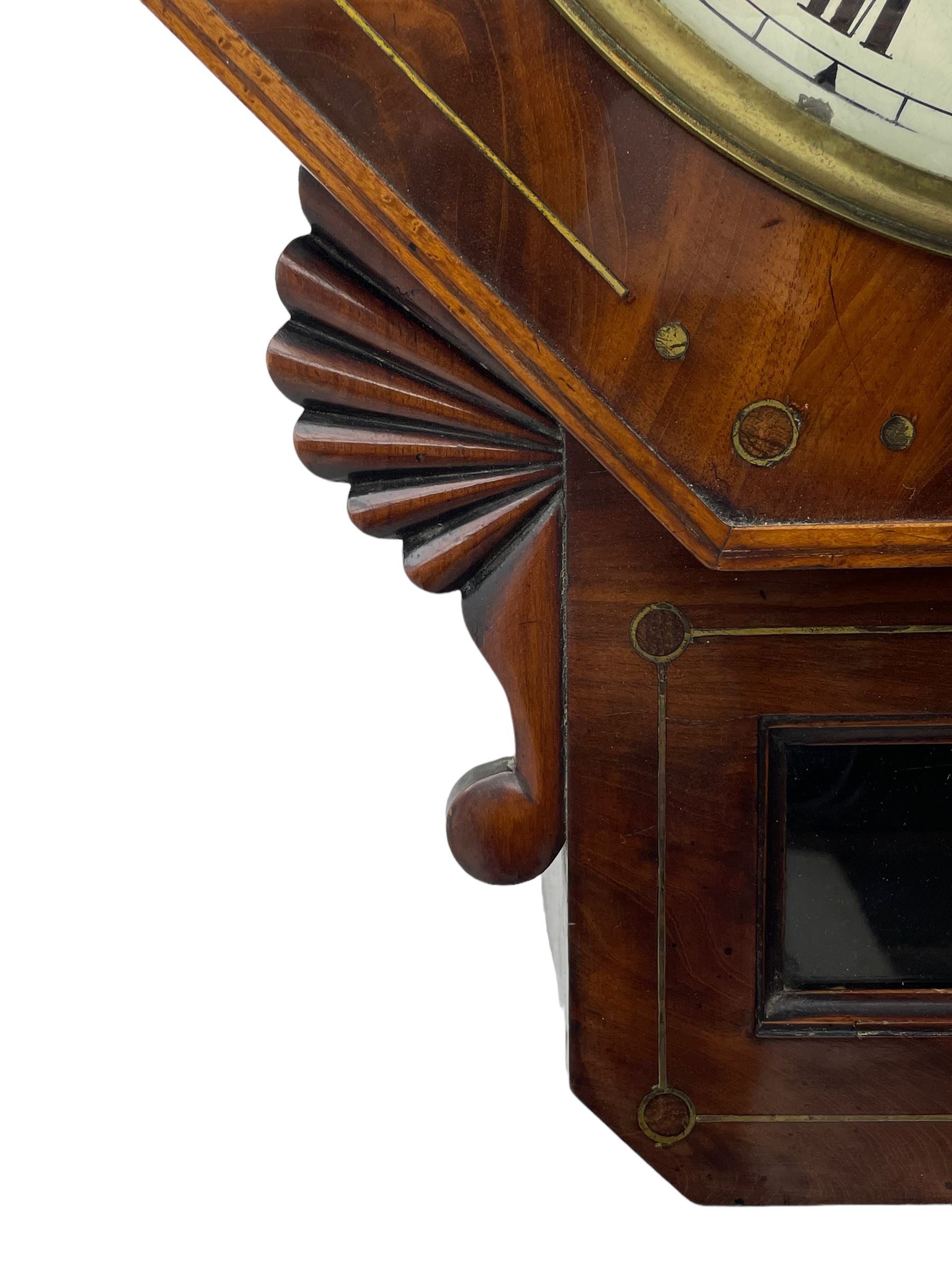Charles Johnson of Wigan - mid-19th century twin fusee mahogany drop-dial wall clock, with an octagonal dial surround with brass inlay, carved fan ears to the glazed box with pendulum adjustment door, 12
