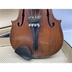 German copy of a Maggini violin c1900 with 35.5cm two-piece maple back and ribs and spruce top, bears label 'Maggini Deutsche Arbeit 1866' L59cm; in carrying case with bow
