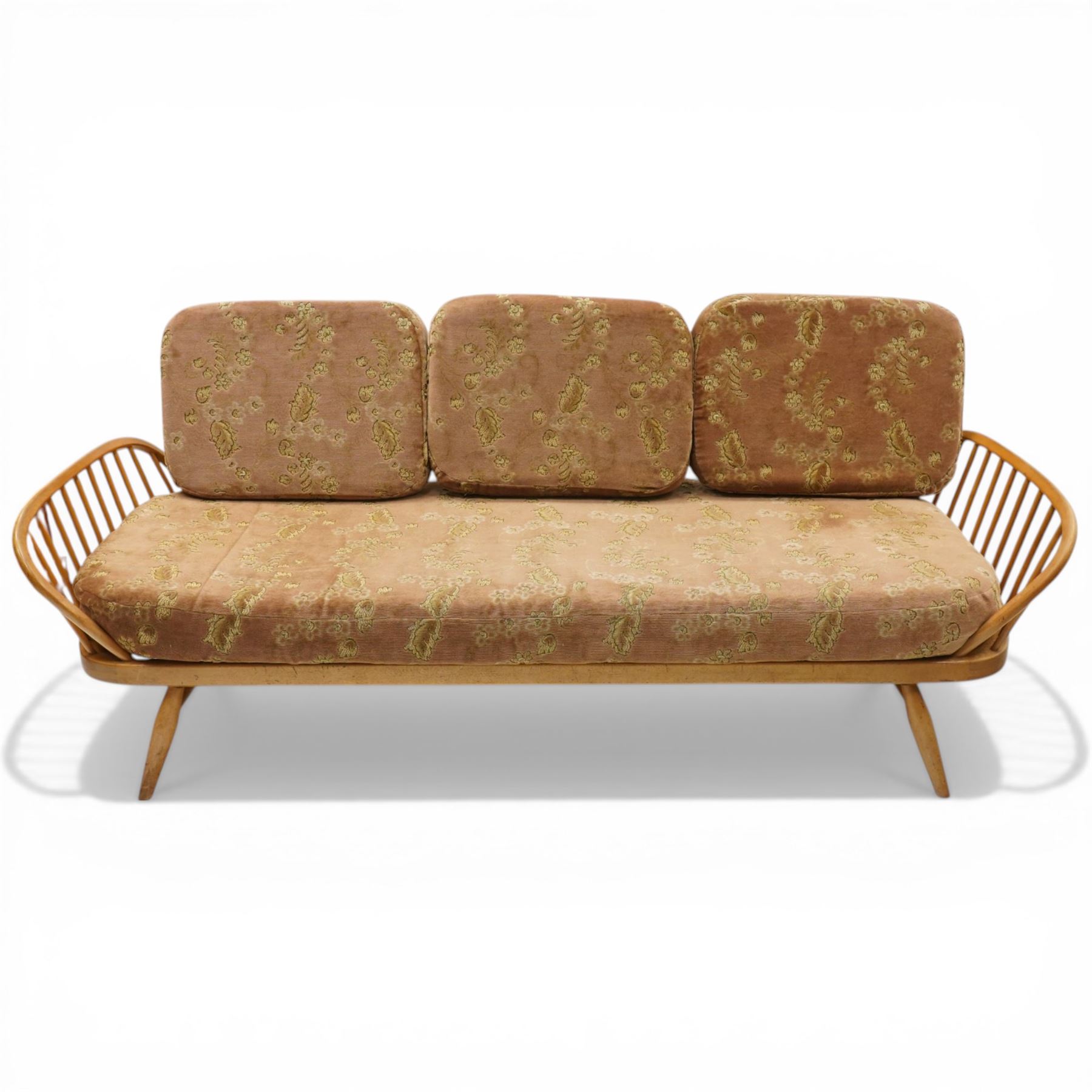 Lucian Ercolani for Ercol - 'Studio Couch' model no. 355, elm and beech framed, with loose tufted pink cushions