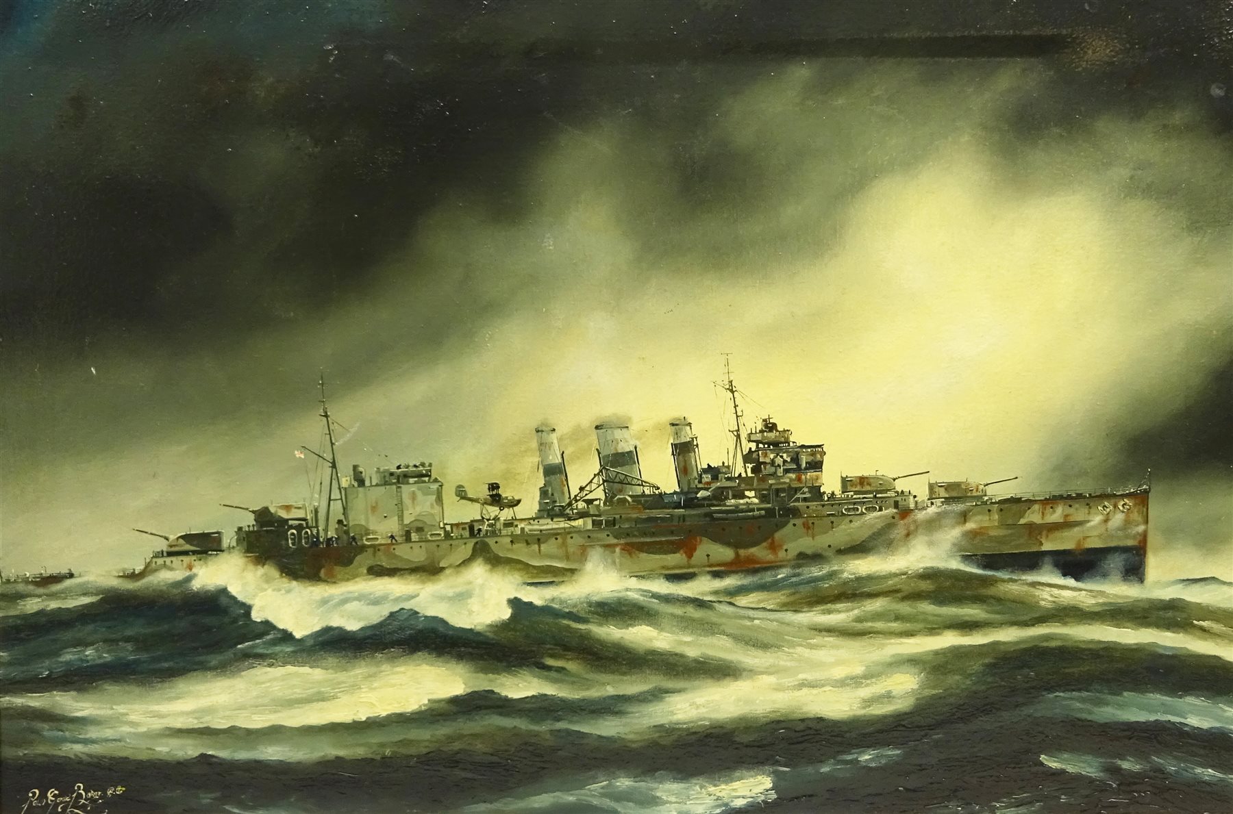  Peter Gerald Baker (British 20th century): Naval Ship's Portrait - 'HMS. Suffolk in North Atlantic Patrol 23rd May 1941 in Search of the Bismarck', oil on canvas signed, titled and dated 1979 verso 50.5cm x 75cm Provenance: with Highgate Gallery, Beverley, East Yorkshire  

