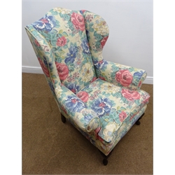  Edwardian wingback armchair, shaped back, upholstered in a Sanderson Mid-Summer Rose fabric, cabriole feet, W83cm  