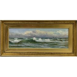 English School (Early 20th century): Waves Breaking near the Shore, gouache 25cm x 74cm