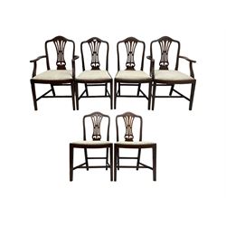 Set of six (4+2) mahogany Hepplewhite design dining chairs, pierced and flared back splat over drop-in seats upholstered in cream fabric, raised on square tapering supports united by stretchers