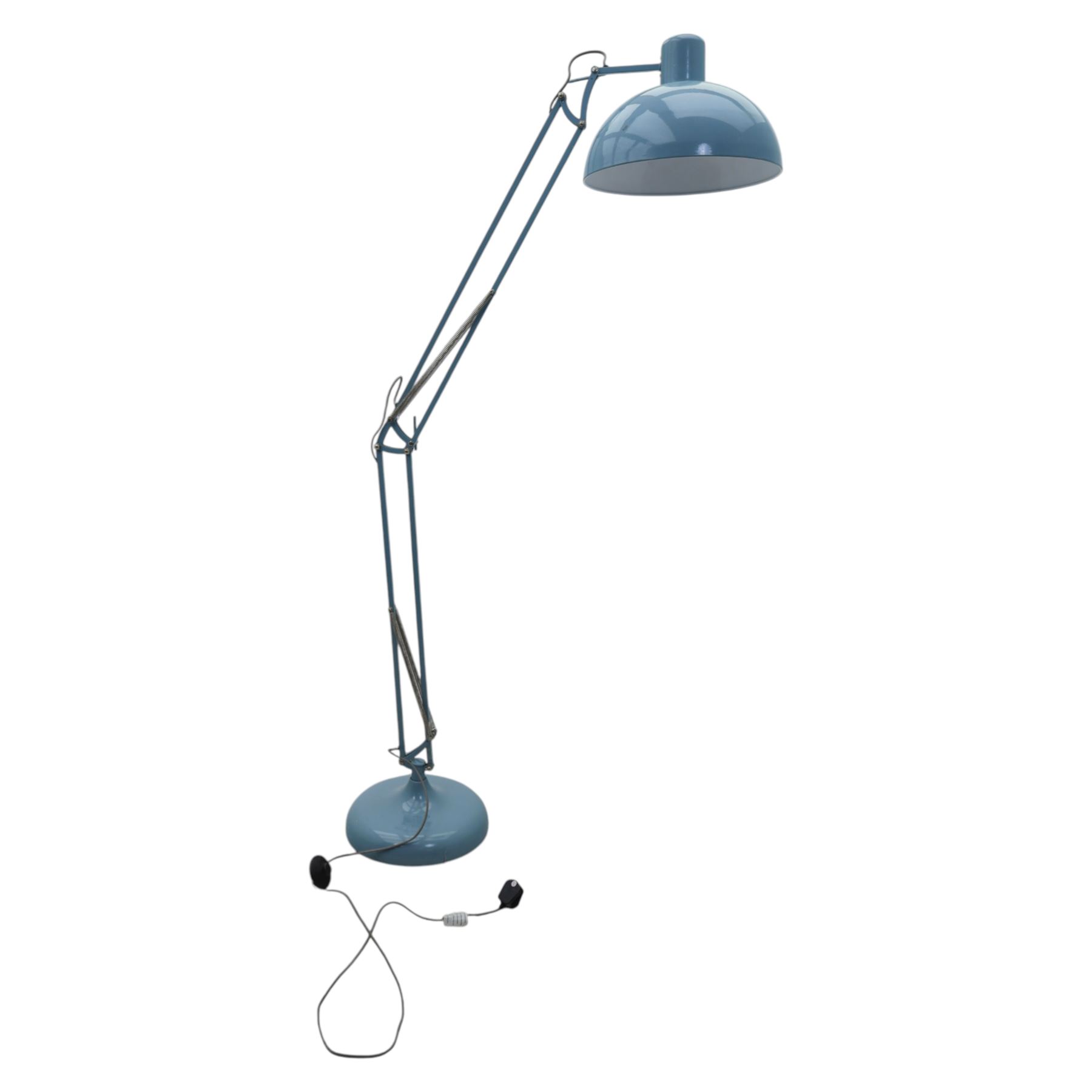 Contemporary pale blue floor lamp, in the manner of Anglepoise, counter balance sprung arm, light grey cord with a weighted base 