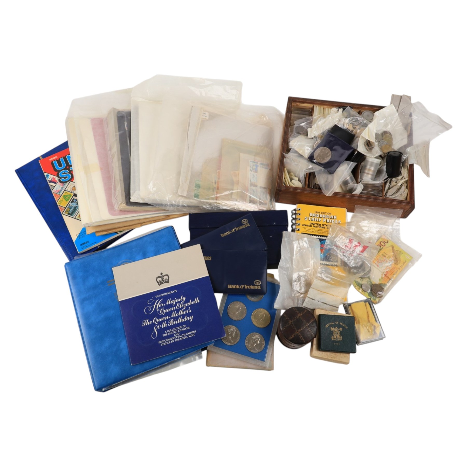 Great British and World coins and stamps, including USA 1984 stamp and cover collection, 'America Remembers the World at War' first day cover collection, numerous pre-decimal coins, etc, in one box