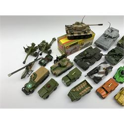 Various makers military vehicles - boxed Corgi Tiger Mk.1 tank No.900; six other by Corgi; four by Dinky; and over twenty others predominantly by Matchbox/Lesney, all unboxed; together with a quantity of plastic soldiers by Lesney etc; and some battlefield layout accessories