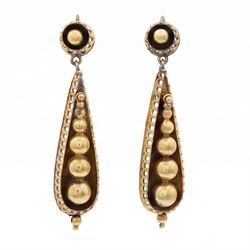 Pair of 19th century gold bead pendant earrings, each set with five graduating beads suspe...