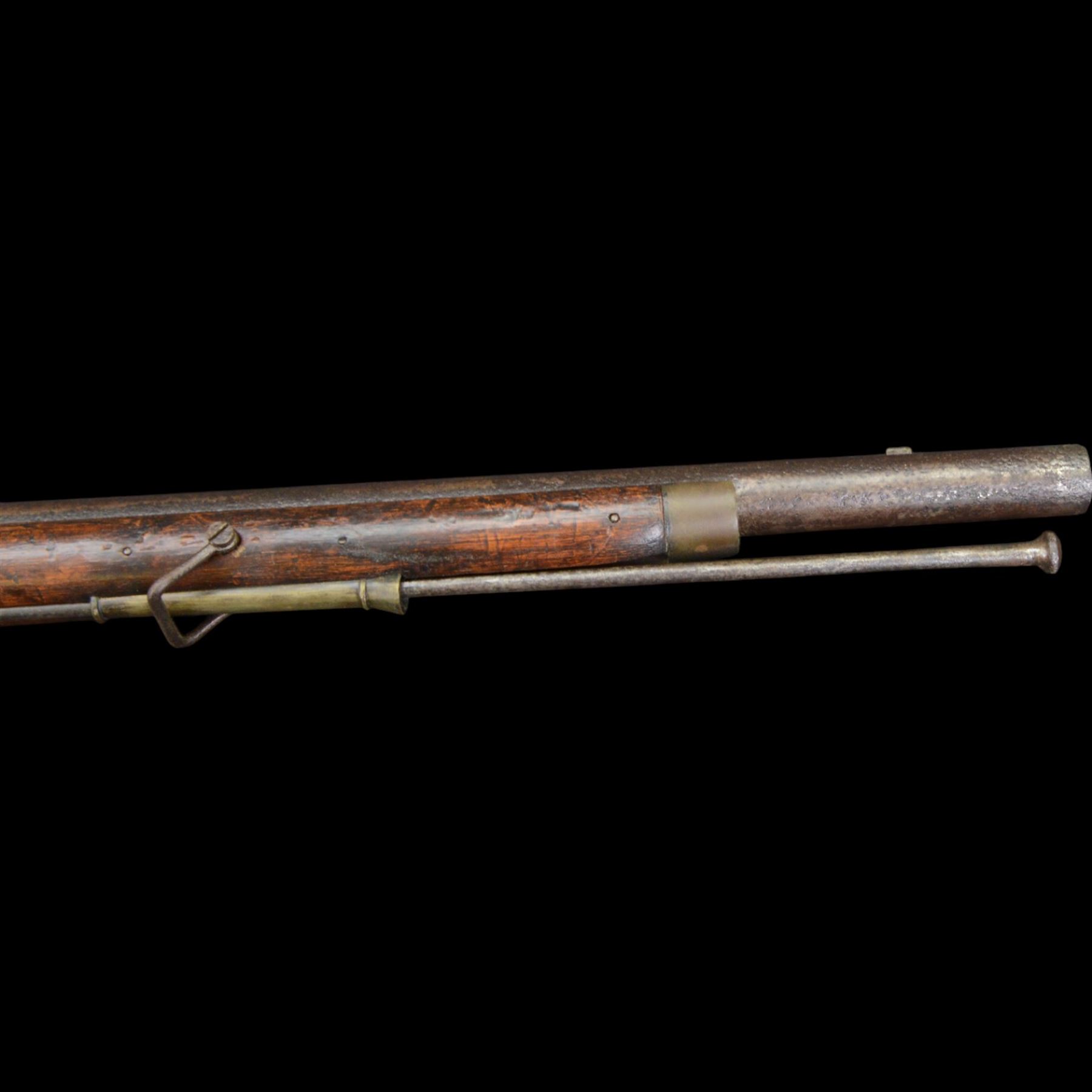 19th century 1793 Brown Bess flintlock musket, the 100cm barrel with ram rod under, full walnut stock with brass butt, carrying sling brackets, action marked Parsons and period triangular socket bayonet, L139cm
