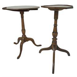 Early 19th century elm and oak tripod table, decagon oak top with raised edge, on turned column with three splayed supports (H74cm); and an early 19th century elm and oak tripod table, circular oak tilt top on turned column with three splayed supports (H70cm) 