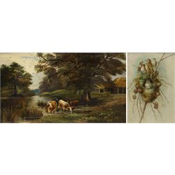 J Morris (British 19th century): Cows Grazing in a River, oil on canvas signed 29cm x 50cm...