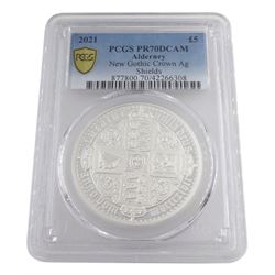 Queen Elizabeth II Alderney 2021 silver proof 'New Gothic Crown' five pound coin, in PCGS capsule