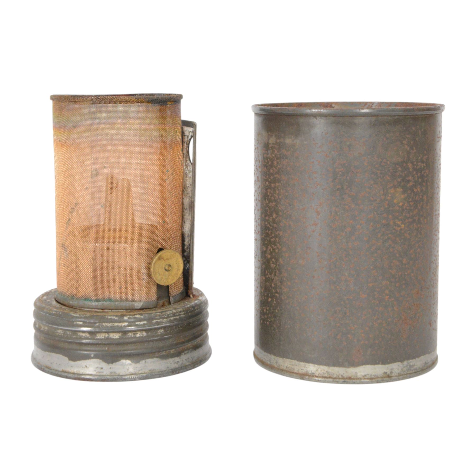 WWII British army fuel heater, the covered marked 1943 13 MB, together with Mark I military issued compass, together with two WWI leather belt cases, two swagger sticks and military ephemera   