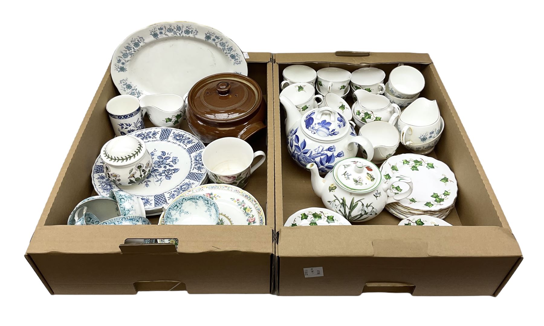 Quantity of teawares to include Coclough, Pearsons stoneware lidded twin handled pot, and other ceramics in two boxes