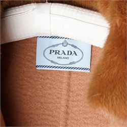 Prada - wool single-breasted camel coat with bright pink outer, with detachable mink fur collar, three-quarter length sleeves, cloth-covered and gold-tone hardware button front fastening, with side slip pockets, size 44, unused