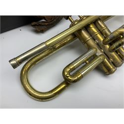 Boosey & Hawkes Emperor brass trumpet L48.5cm; in Henri Selmer carrying case with five mouth pieces and four mutes