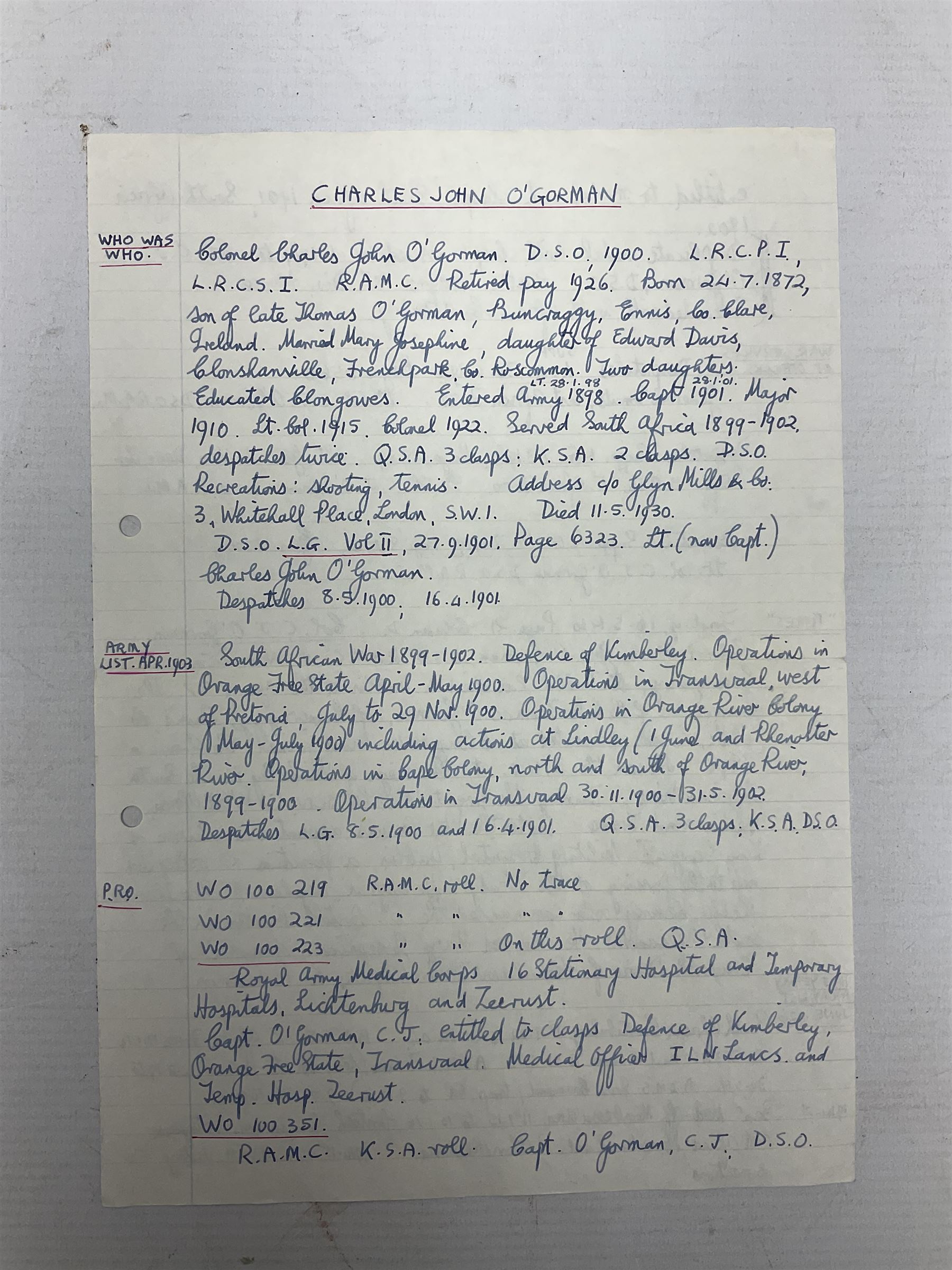 South Africa/WW1 Distinguished Service Order group of seven medals comprising D.S,O. with original ribbon bar and top bar slider, Queens South Africa Medal with three clasps for Defence of Kimberley, Orange Free State and Transvaal, Kings South Africa Medal with two clasps for South Africa 1901 & 1902 awarded to Capt. C.J. O'Gorman D.S.O. R.A.M.C., 1914-15 Star, British War Medal and Victory Medal with MID oak leaves awarded to Major (later Lt. Col.) C.J. O'Gorman D.S.O. R.A.M.C. and Kimberley Star 1899-1900; together with copies of research and biographical material