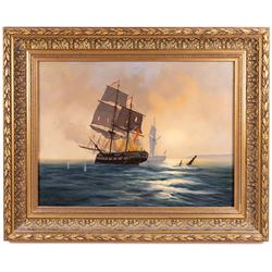 David Short (British 1940-): Ship at Sea, oil on canvas signed 43cm x 59cm