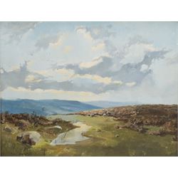 Lewis Creighton (British 1918-1996): Sheep in a Moorland Landscape, oil on board signed 34cm x 44cm