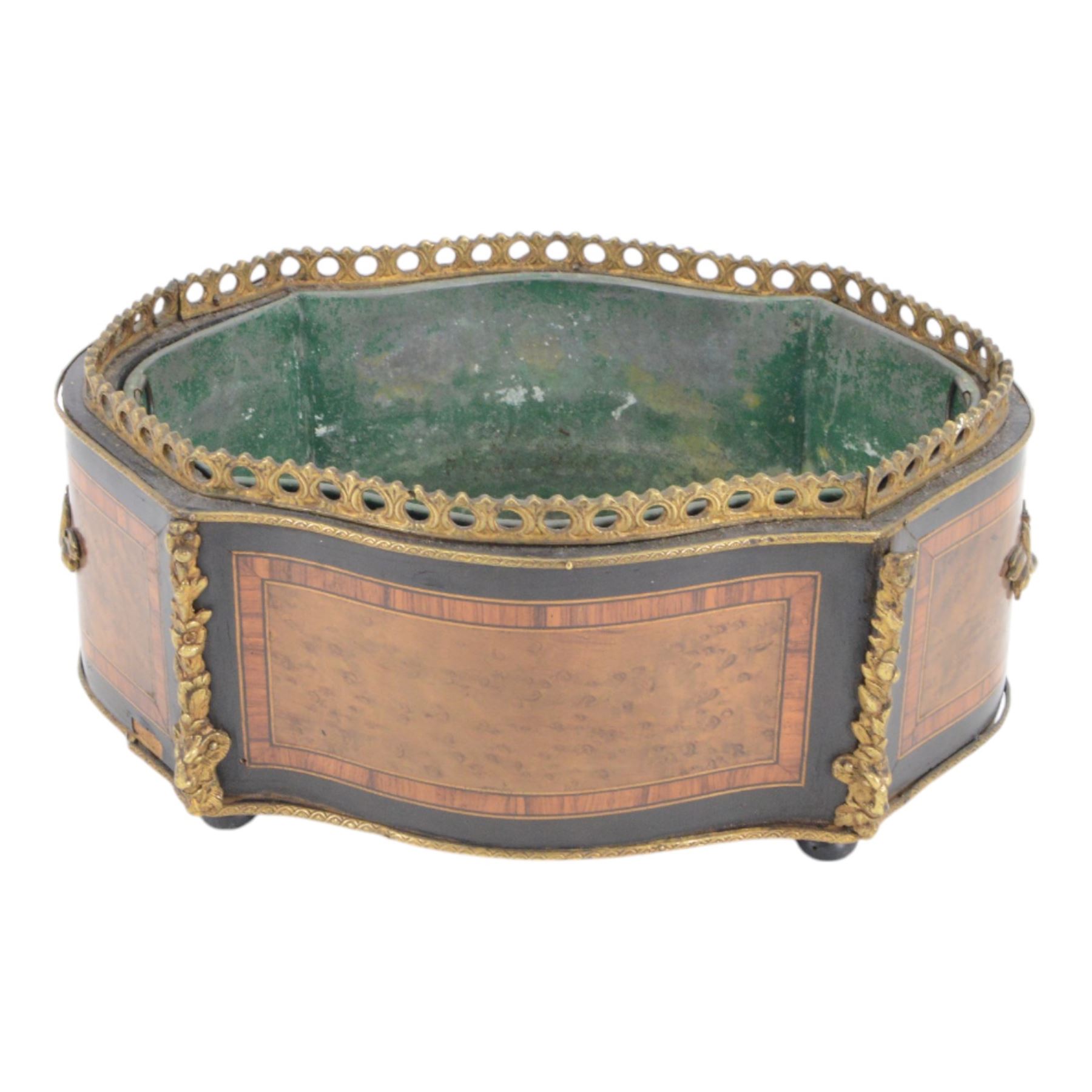 19th century French gilt metal mounted ebonised, kingwood and birdseye maple table jardinière, of serpentine form upon four compressed bun feet, with lift out metal liner, H15cm W33cm D24cm
