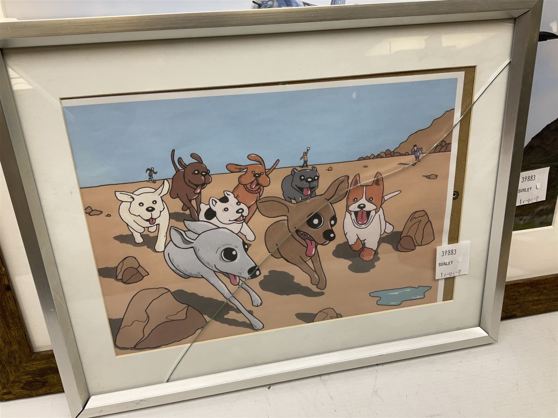 After Pete McKee (British 1966-): Picnic and Going to the Beach, pair colour prints 56cm x 42cm together with cartoon of dogs and five other prints and originals including caricature watercolour of 'Top Tec' (8)