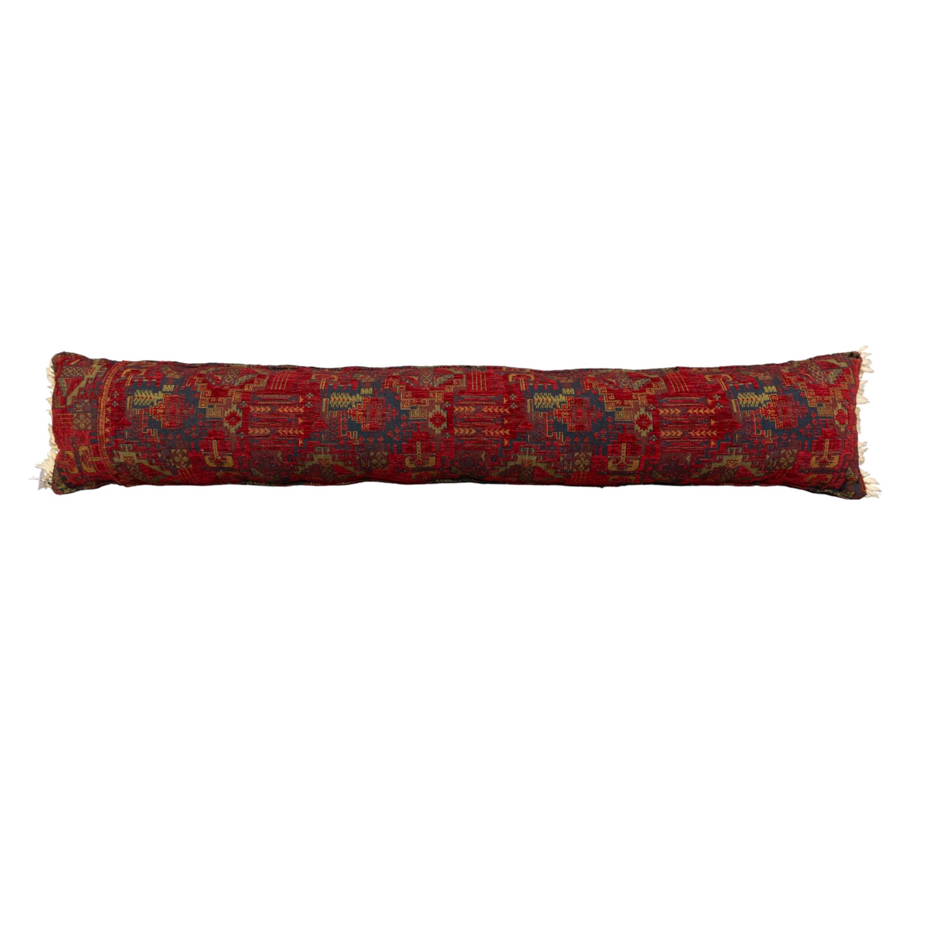 Long flatweave Kilim textile cushion, in crimson and decorated with geometric motifs and cotton fringe ends, 151cm, together with four modern hand-knotted rug mats with geometric designs, the largest 65x43cm, (5)
