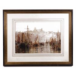 Stephen Frank Wasley (British 1848-1934): Fishing Boats at Dock End Whitby with the Abbey in the Distance, watercolour signed 36cm x 53cm