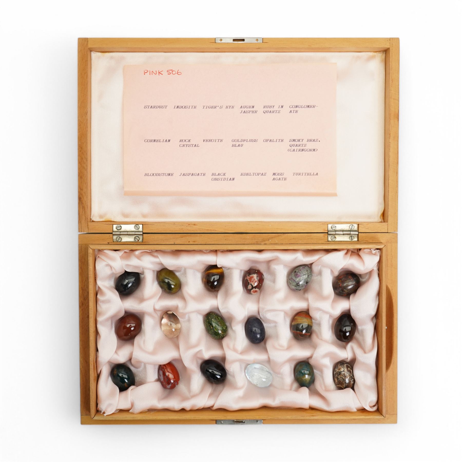 Collection of approx ninety named semi precious stone eggs in five Dunhill cigar boxes 