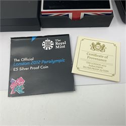 Three The Royal Mint United Kingdom silver proof five pound coins, comprising 2012 'London 2012 Paralympic', 2015 '100th Anniversary of the Death of Edith Cavell' and 2017 'Remembrance Day' piedfort, all cased with certificates 