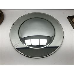 Two ceramic plaques by Richard Fisher, together with wooden plaques, artwork and three mirrors 