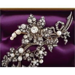 19th century gold and silver diamond and pearl en tremblant detachable brooch, the flower ...
