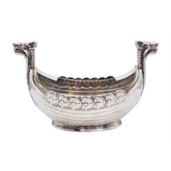 Silver plated novelty sugar bowl, in the form of a viking longship, with clear glass liner, stamped Alpacca to base, H15.5cm