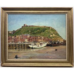 Alexander Jamieson (Scottish 1873-1937): 'Scarborough Castle and Harbour', oil on canvas signed, titled on exhibition label with 'Aylesbury' address label and James Bourlet label verso 70cm x 90cm