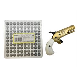 SECTION 1 FIRE-ARMS CERTIFICATE REQUIRED - Spanish Ardesa percussion vest pocket Derringer pistol, .31 cal. black powder; single shot; 6cm barrel; all brass body with white grips; no.14-13-013682-10 with Spanish certificate dated 2010 and box of one hundred balls