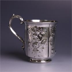 Victorian silver christerning mug, of cylindrical form with four panels of embossed floral decoration, hallmarked H J Lias & Son, London 1876, H10cm