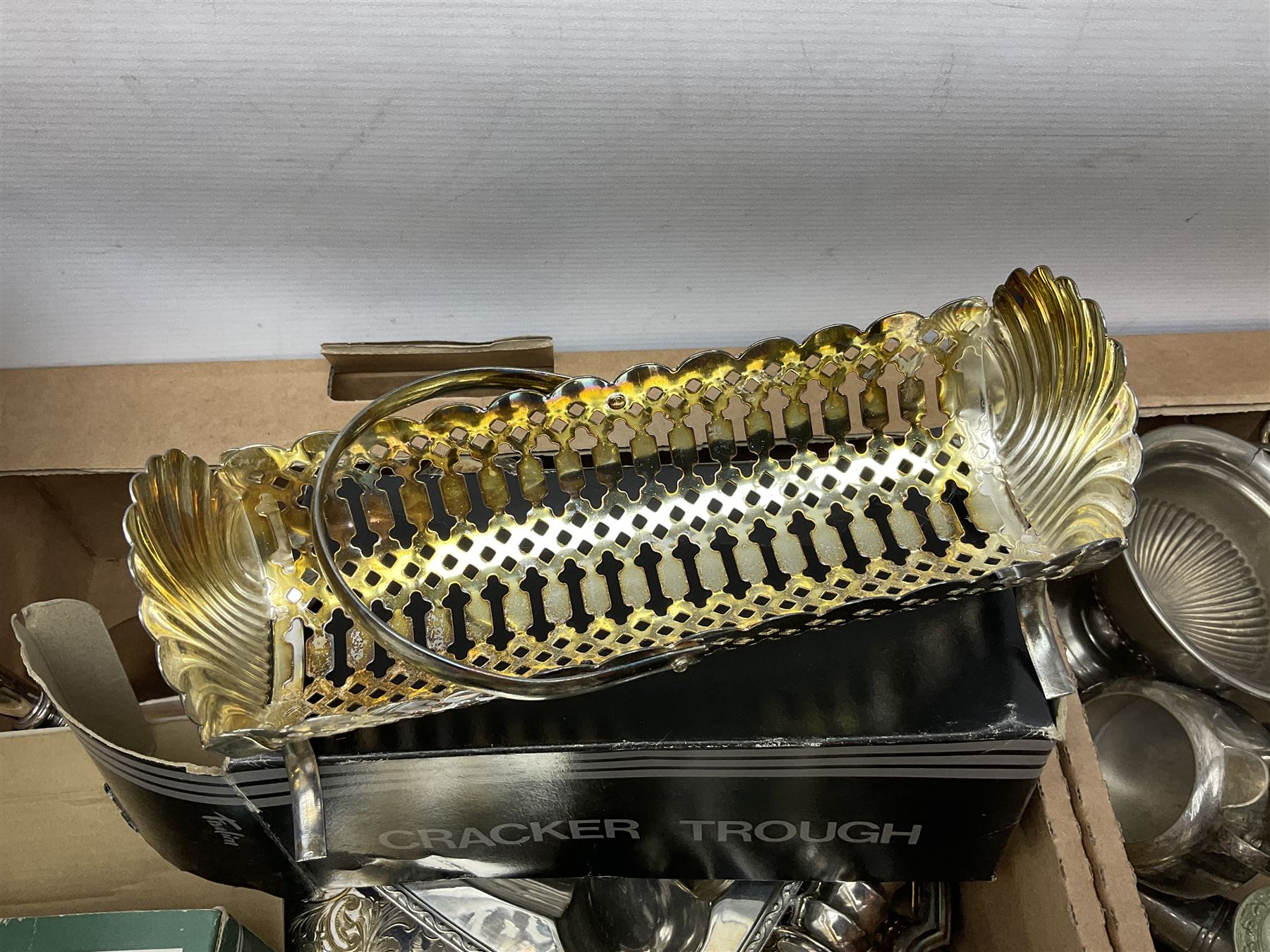 Quantity of silver plate and other metal ware, including sugar caster, tureens, serving dishes, pair of candelabra etc, in two boxes 