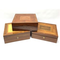 Three modern veneered boxes, with harlequin inlay including mahogany and walnut, L30cm.