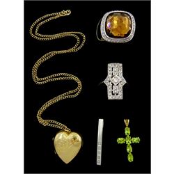  9ct gold peridot cross pendant, hallmarked, silver jewellery including two rings and a diamond pendant and a gold-plated heart pendant, on 9ct gold chain necklace