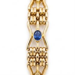 Early 20th century 15ct diamond and sapphire gate link bracelet, set with two oval cut sapphires and two old cut diamonds, stamped 15