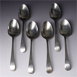 Set of six George III silver dessert spoons with bright cut stems and engraved with a cres...