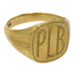  9ct gold signet ring with engraved initials 'PLB', hallmarked, approx 5.96gm  