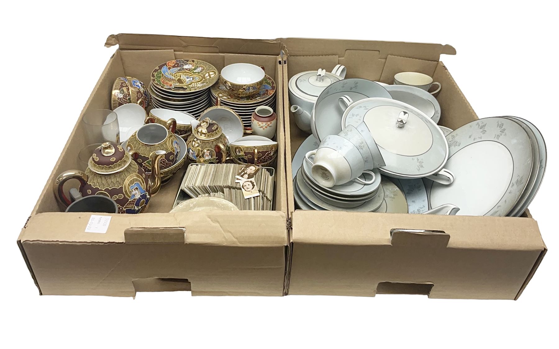 Japanese tea wares, Noritake  tea and dinner wares, cigarette cards, pewter tankard and two glasses in two boxes