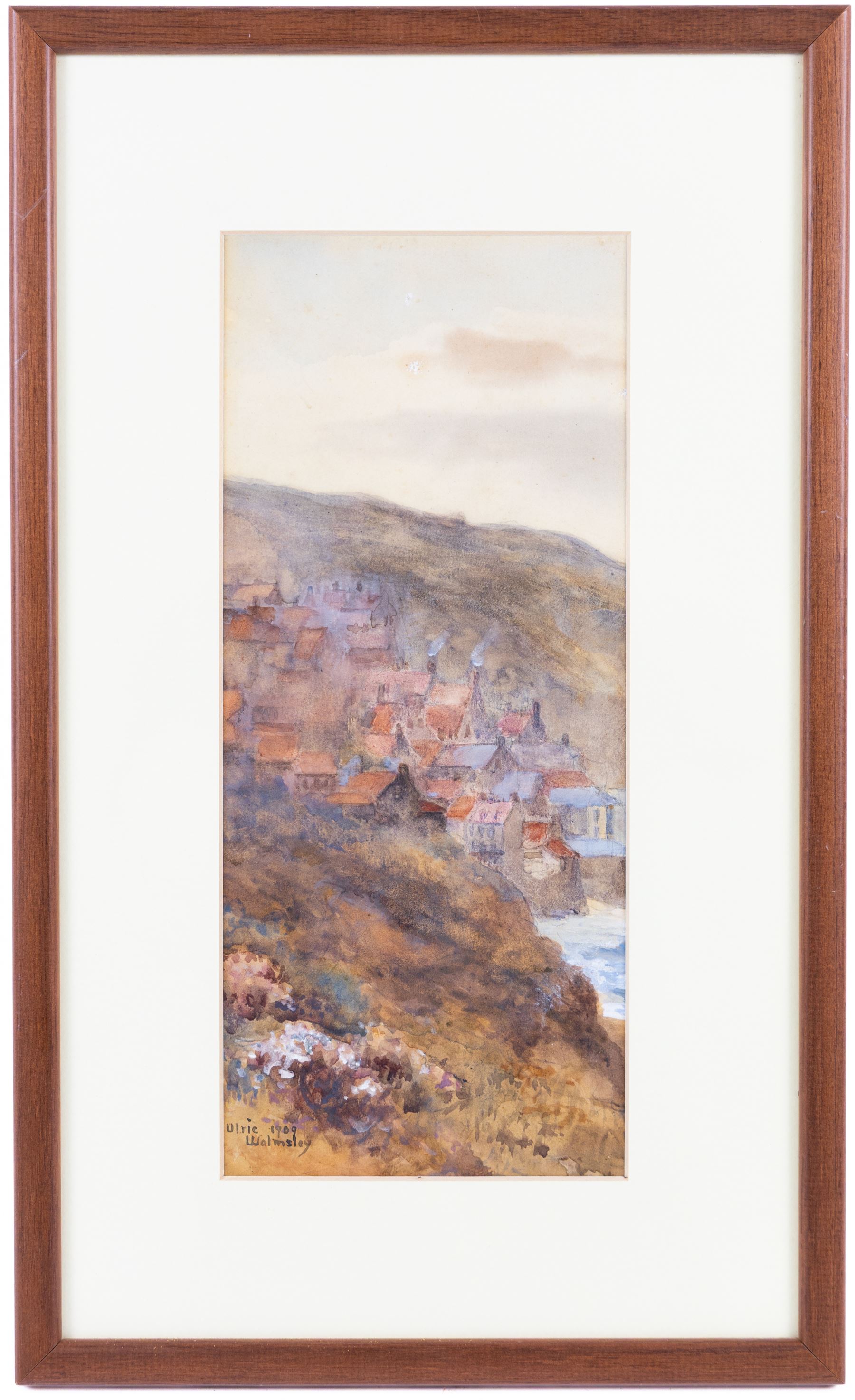 James Ulric Walmsley (British 1860-1954): View Towards Robin Hoods Bay, watercolour signed and dated 1909, 28cm x 12cm 